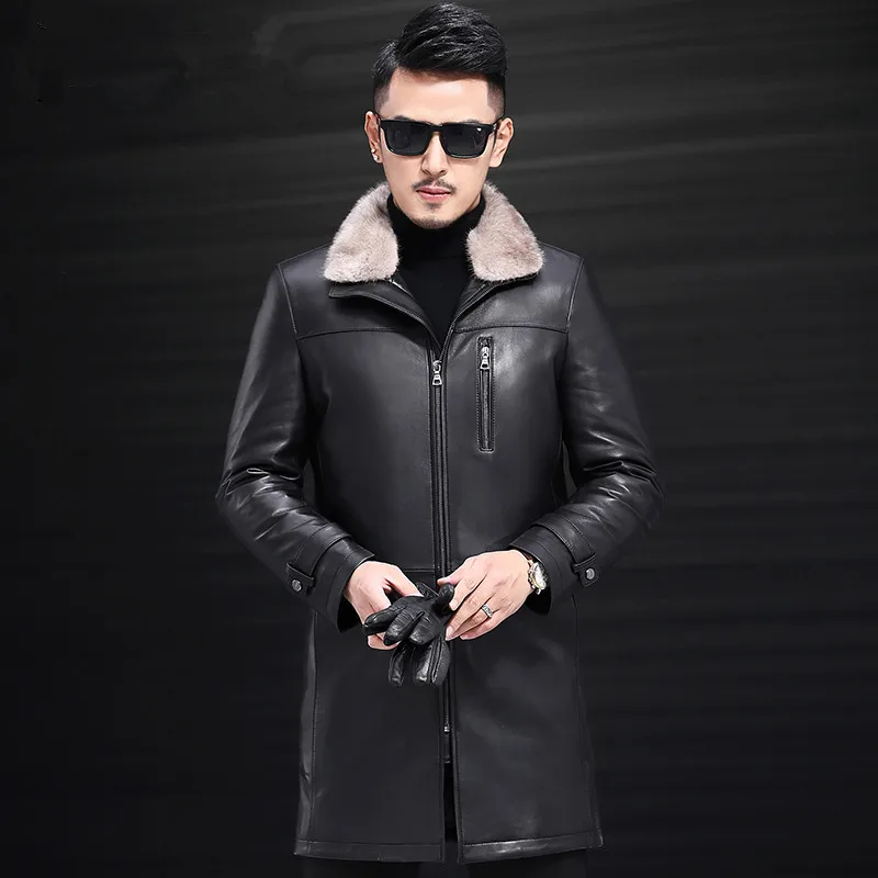 Mouton 2018 En Manteau Veste Véritable Vers Bas Col Peau Ayunsue Kj1204 Vestes D'hiver De Vison Cuir Hommes Le Pour Fourrure Black wymNvn80O