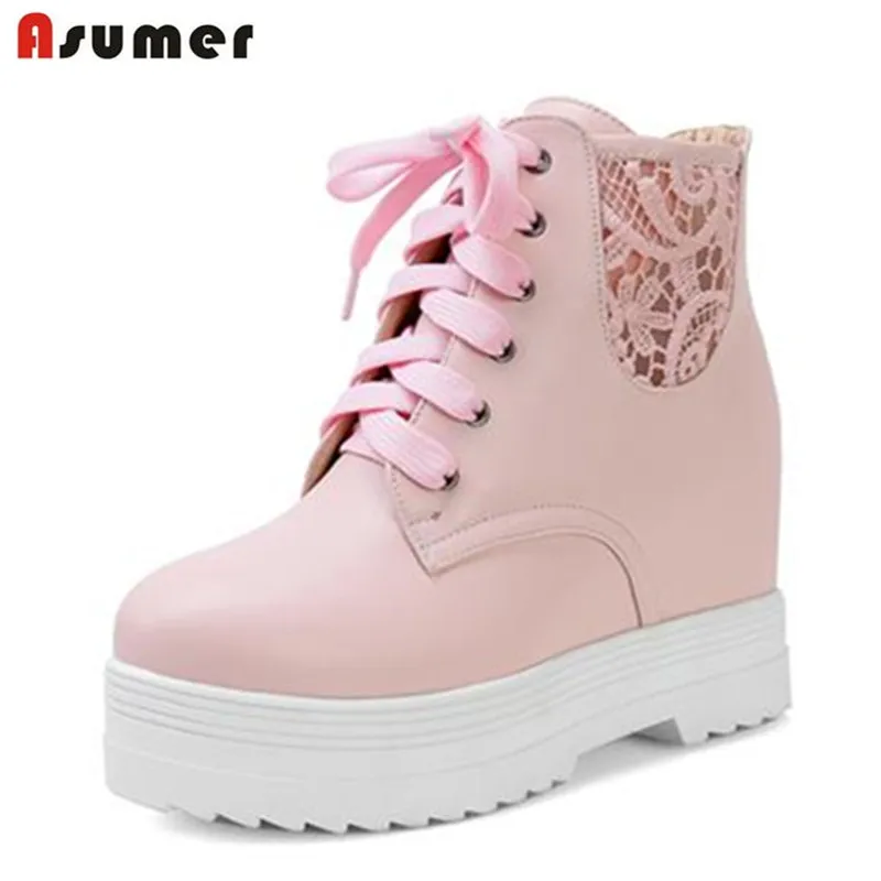 

Asumer 2018 new arrival pu net yarn lace up sweet youth ankle boots height increasing chunky platform sexy cut outs women boots