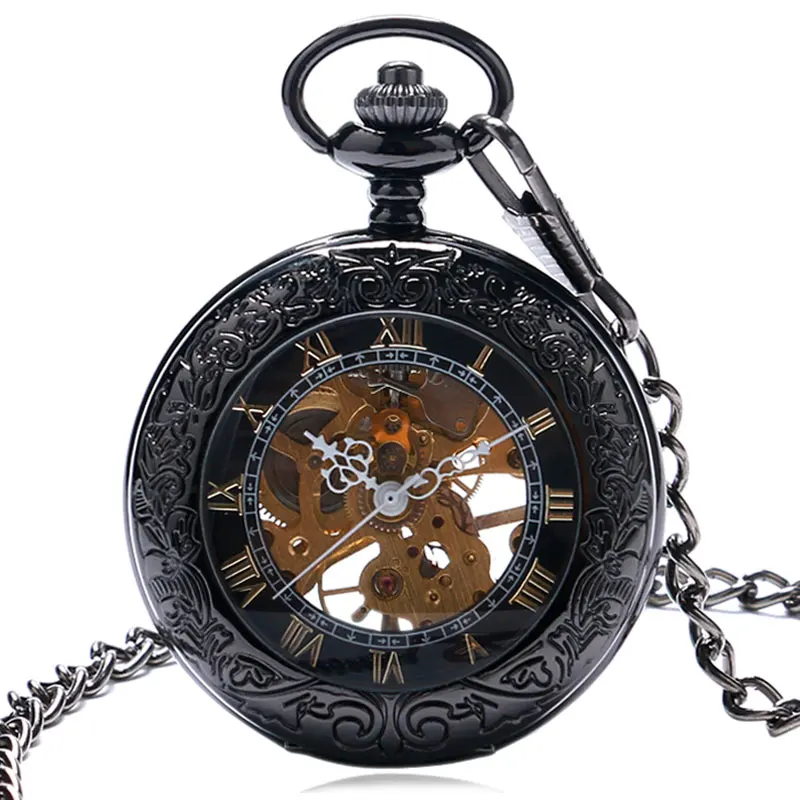 Men's Antique Black Transparent Roman Numbers Skeleton Pocket Watch