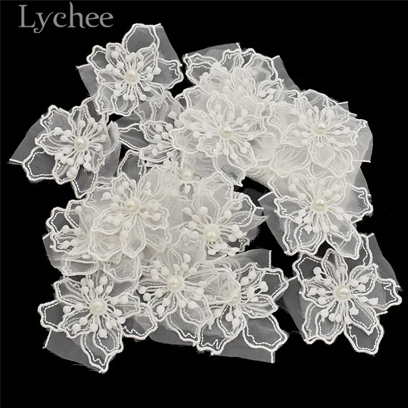 

Lychee 20pcs 3D Bead Flower Patches White Simulation Pearl Applique For Wedding Dress DIY Sewing Appliques Accessories