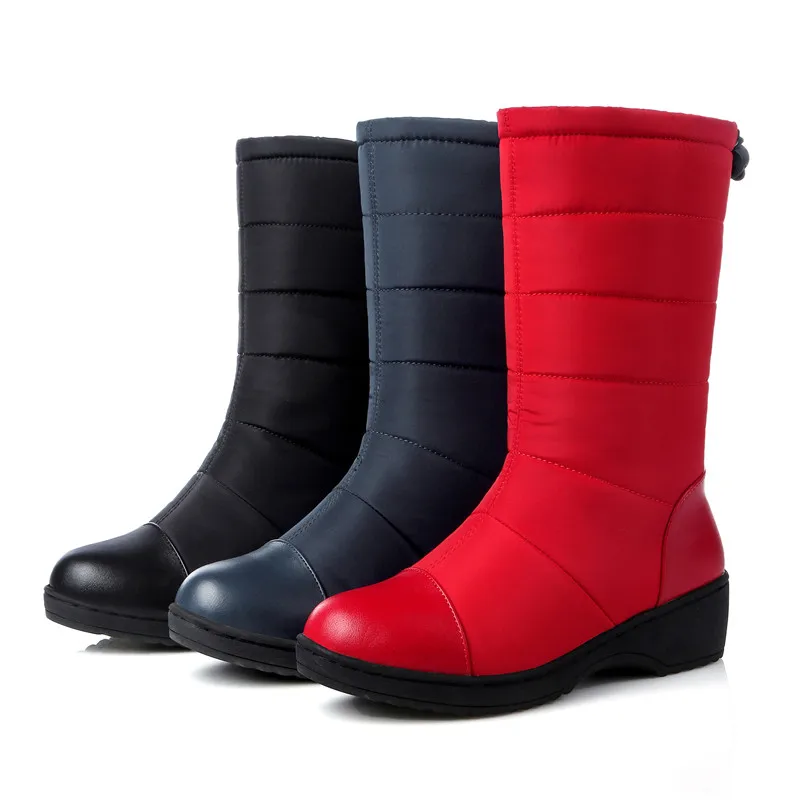 MEMUNIA/Новое поступление; Модные женские ботинки; цвет красный, черный, темно-синий; зимние ботинки; однотонные ботинки до середины икры; ботинки на танкетке с круглым носком