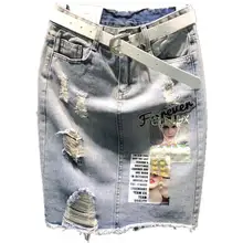 Джинсовая юбка женская новая Индивидуальность Письмо патч прямая упаковка с отверстиями узкие джинсы юбка плюс размер 2XL