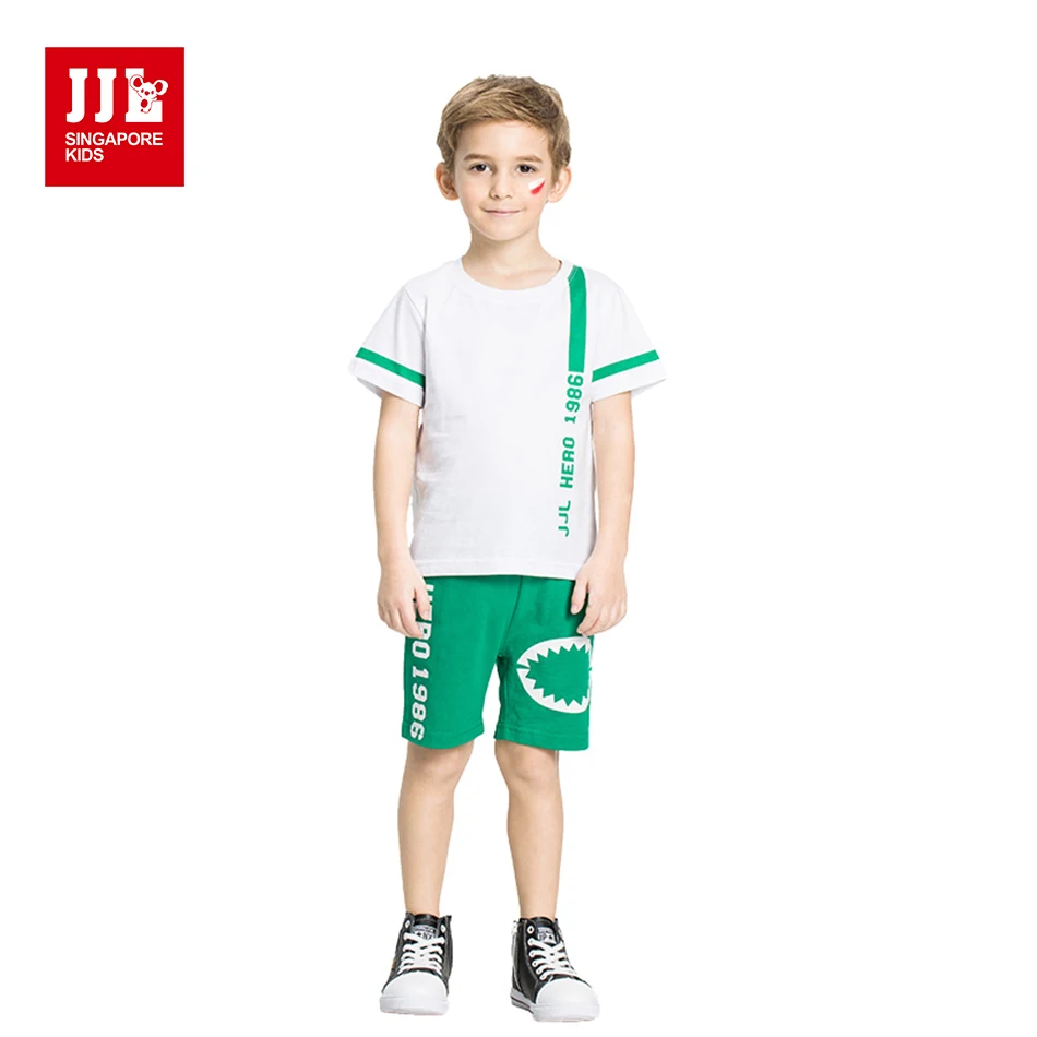 

JJL Summer Fashion Casual Sport Boys Active Cotton Clothing Set Cartoon Print Cotton Short Sleeve Green Children for 3-7years