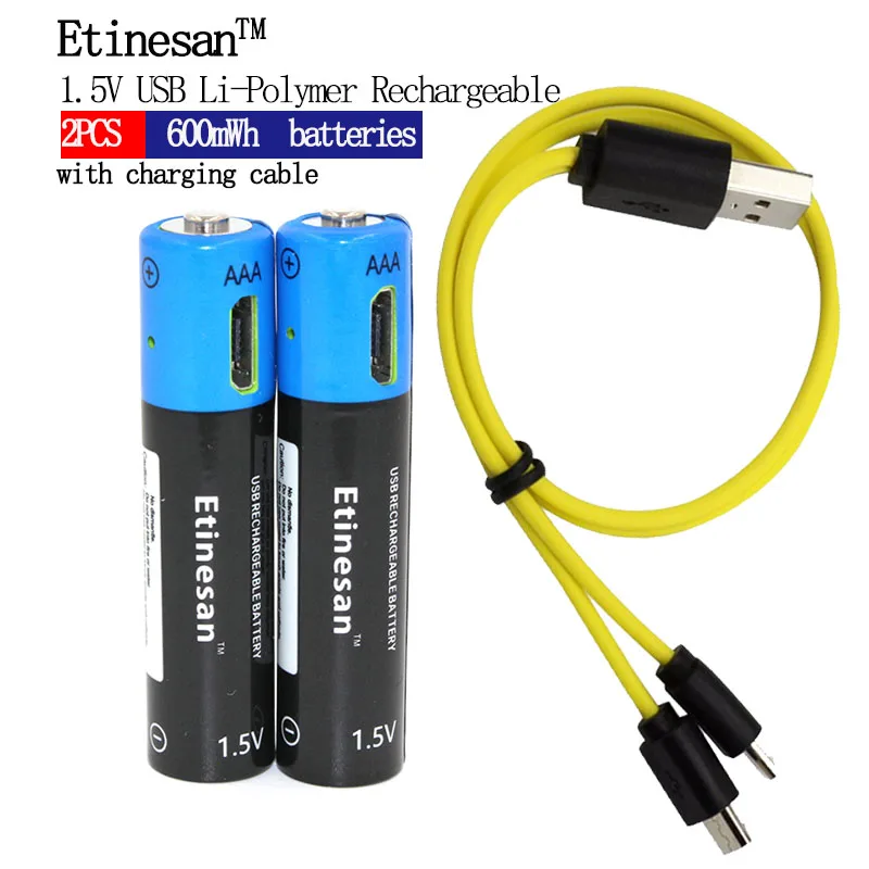

2pcs/lot Etinesan 1.5V AAA 600mwh li-polymer li-ion lithium rechargeable battery USB battery with USB charging line
