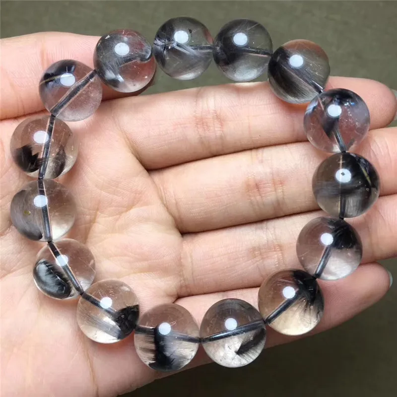 

Natural Brookite Platinum Silver Rutilated Quartz Crystal Bracelet 14mm Round Beads Woman Man Party Lucky Gift Stretch Jewelry