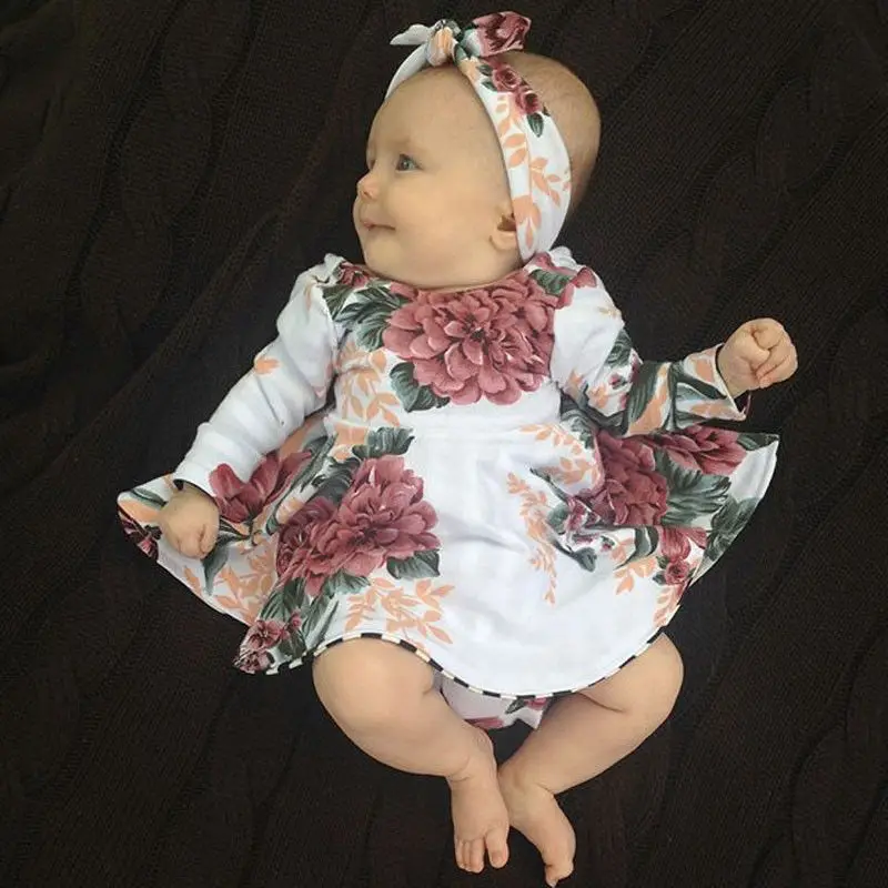 Платье для новорожденных девочек платье с длинными рукавами и цветочным рисунком+ повязка на голову, комплекты одежды из 2 предметов Одежда для девочек от 0 до 24 месяцев