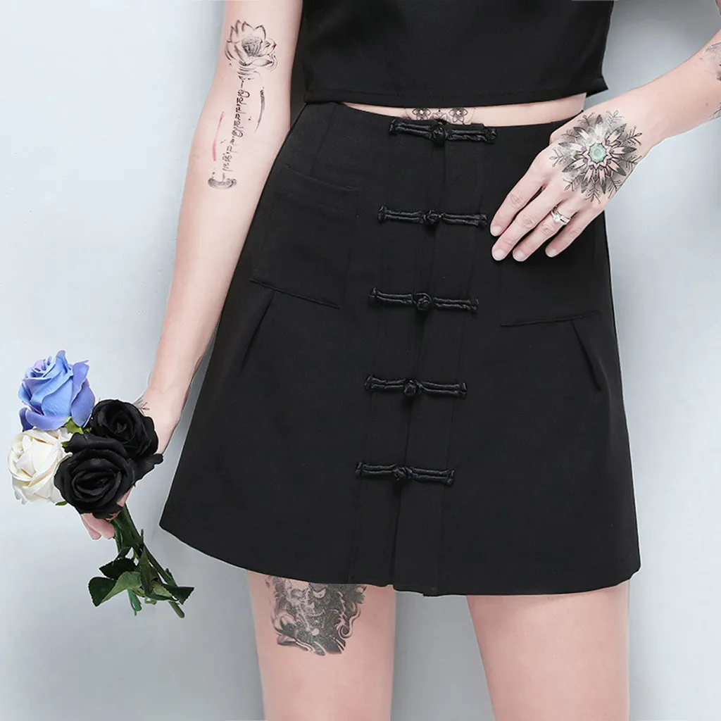 Женская мода Casiual простой готический, панк, черный ретро однотонный китайский пряжка юбка высокая талия миди юбка куртка Femme 50