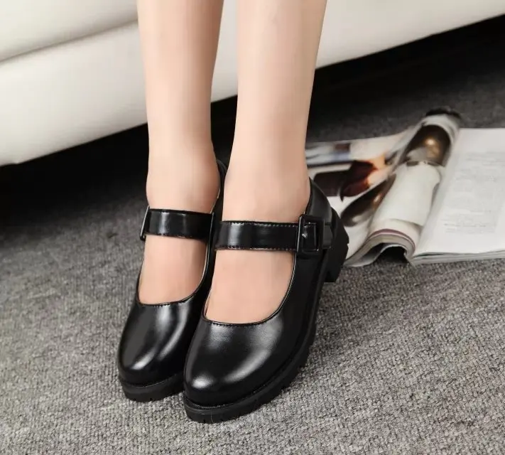 Ram Rem Kasugano Sora Women Maid Black Leather Flat Low Heel Shoes Cosplay 