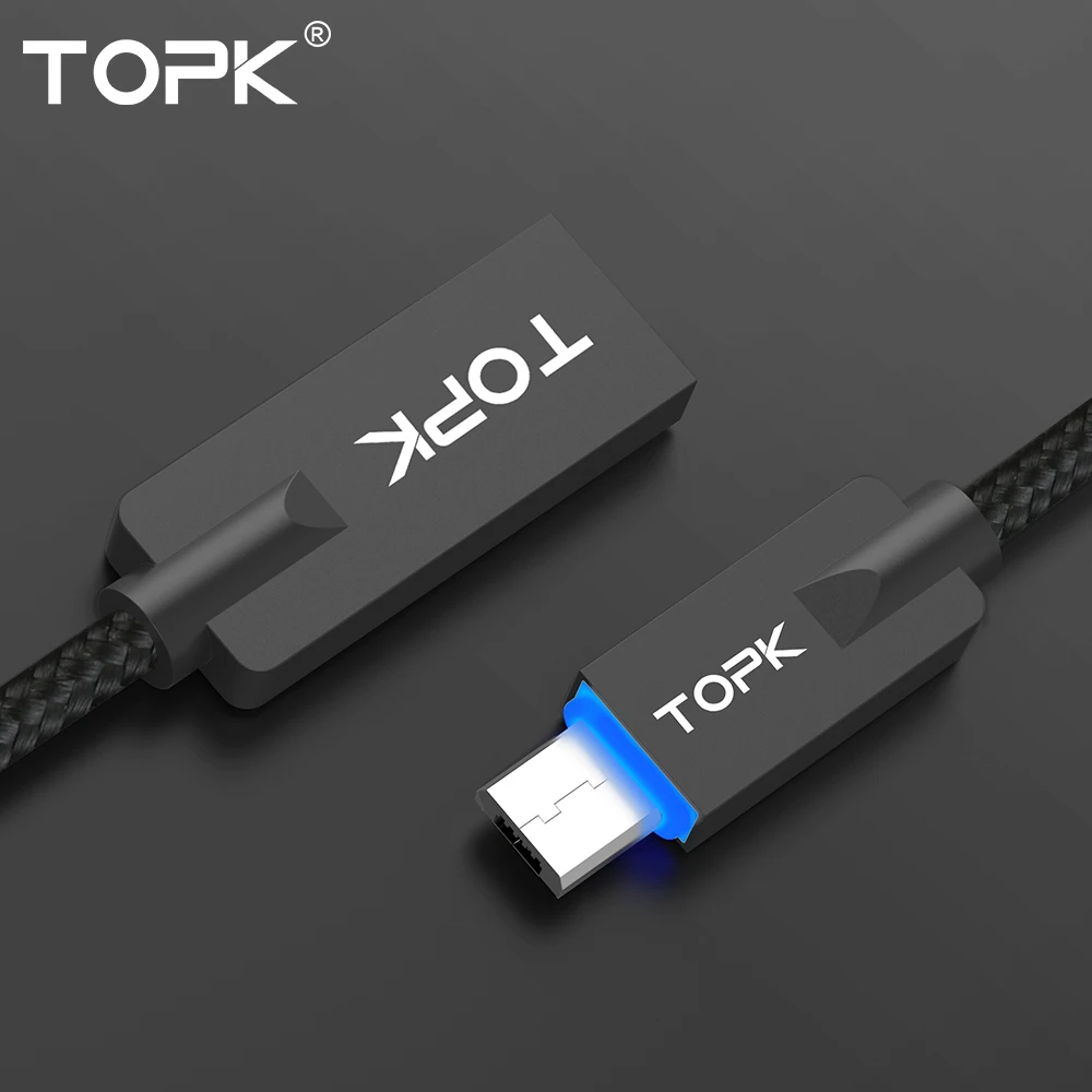 TOPK светодиодный Micro USB кабель из цинкового сплава с нейлоновой оплеткой для быстрой синхронизации данных USB кабель зарядного устройства для Micro USB порта телефонный кабель