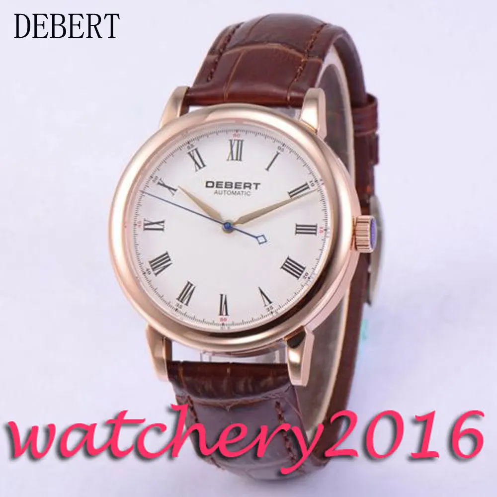 Simple 40mm Debert white dial rose golden case leather strap Automatic movement men s font b