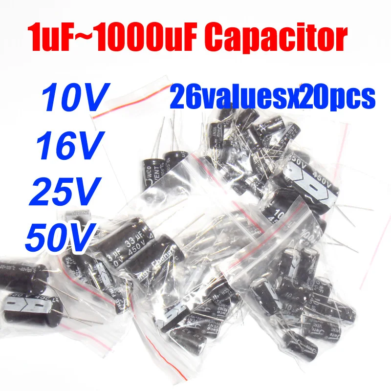 

26valuesX20pcs=520pcs 10V/16V/25V/50V 1UF-1000UF Aluminum Electrolytic Capacitor Assortment Kit