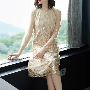 

Plus Size Dress Women M-4XL Knee-length Dresses 2019 New Spring Summer Office Elegant Floral Embroidery Mesh A Line Dress LD961