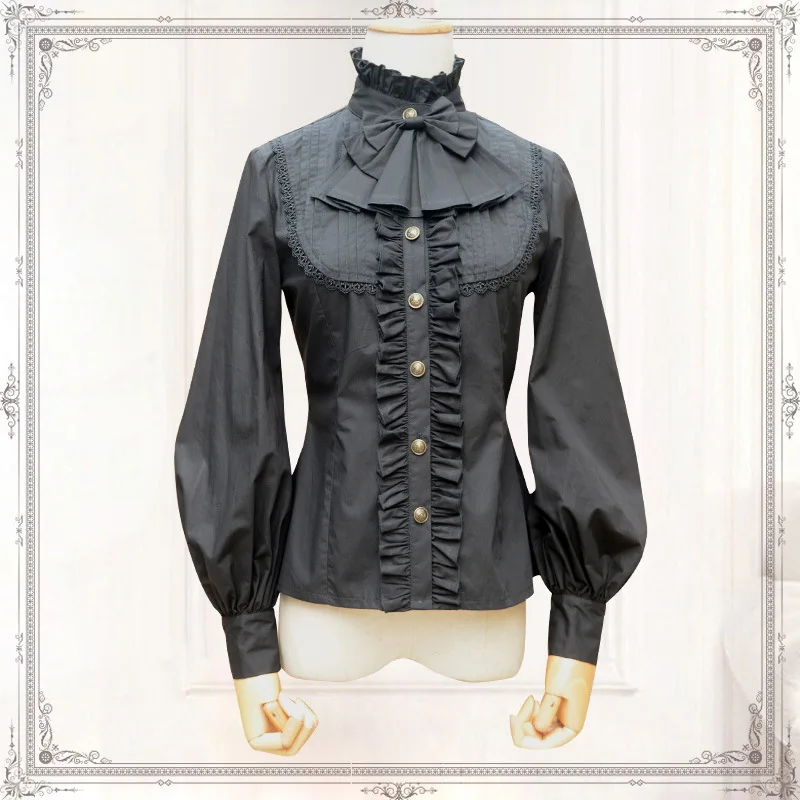 

Vintage Women's Chiffon Shirt Long Lantern Sleeve Stand Collar Female Gothic Blouse Black/White