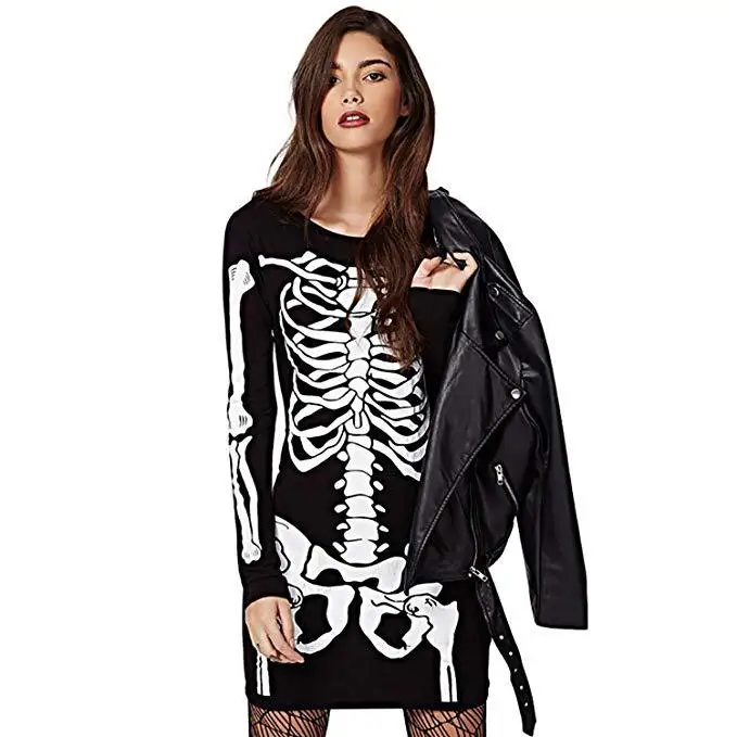 

Funny Skull Black Dresses Woman 2019 Autumn Long Sleeve Clothes Halloween Gothic O-neck Female Dresses Vestido