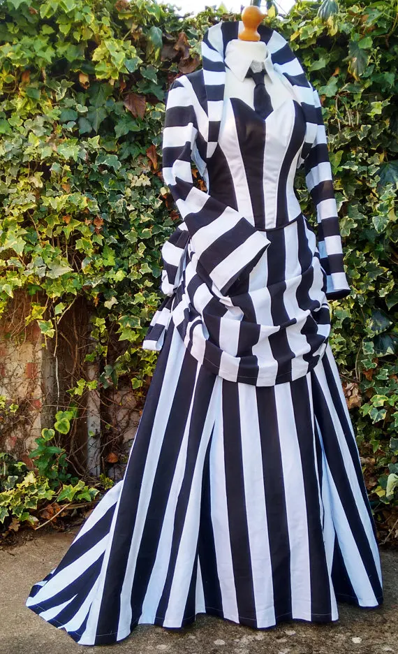 Beetlejuice/платье для косплея; средневековое платье в черно-белую полоску; платье на заказ