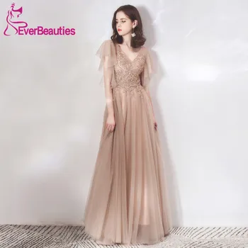 

Robe De Soiree Evening Dresses 2020 Tulle Appliques V-Neck Evening Party Dresses Backless Prom Gown Abiye