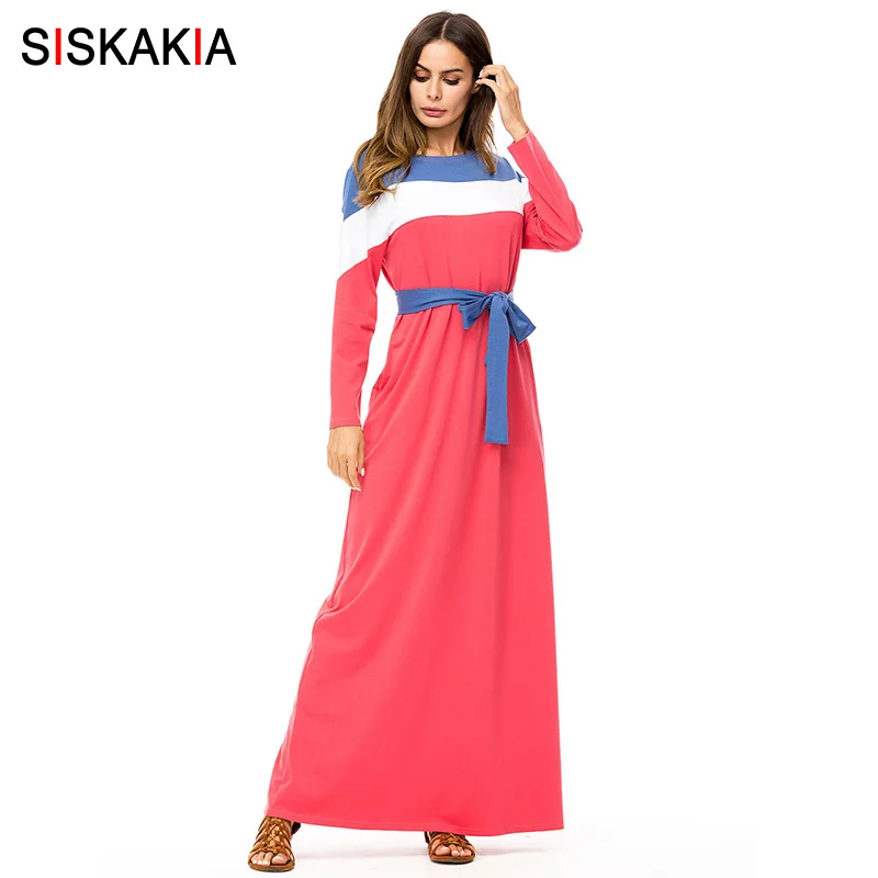 round neck long lantern sleeve color block maxi dresses