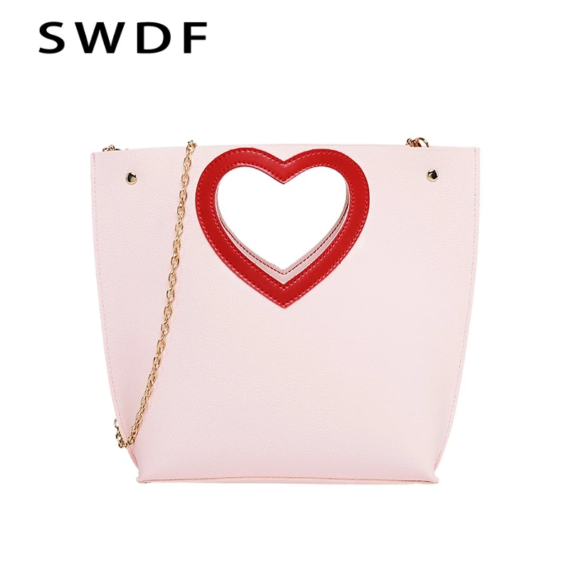

SWDF 2019 New Women's Handbag Love Heart-Shaped Hollow Bag Ladies Candy Element Shoulder Crossbody Bag Rhombic Shell Bucket Bag