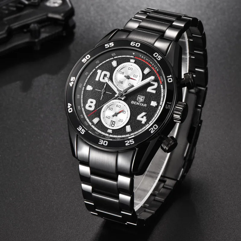 

BENYAR Brand Black Fashion Mesh Steel Mens Quartz Watch 24 Hour Date Clock Male Sport Military Wristwatches Relogio Masculino