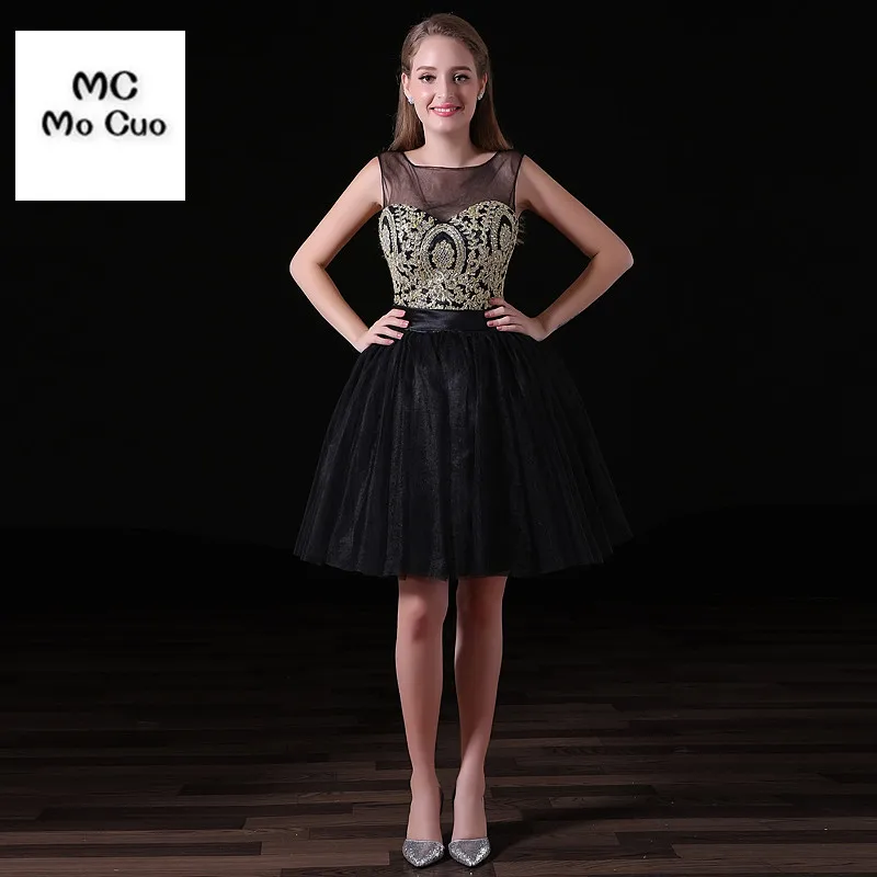 

Wholesale New Sheer Neck V Back Gold Lace Appliques Black Tulle Short Homecoming Dresses 2017 Formal Party Prom Dress