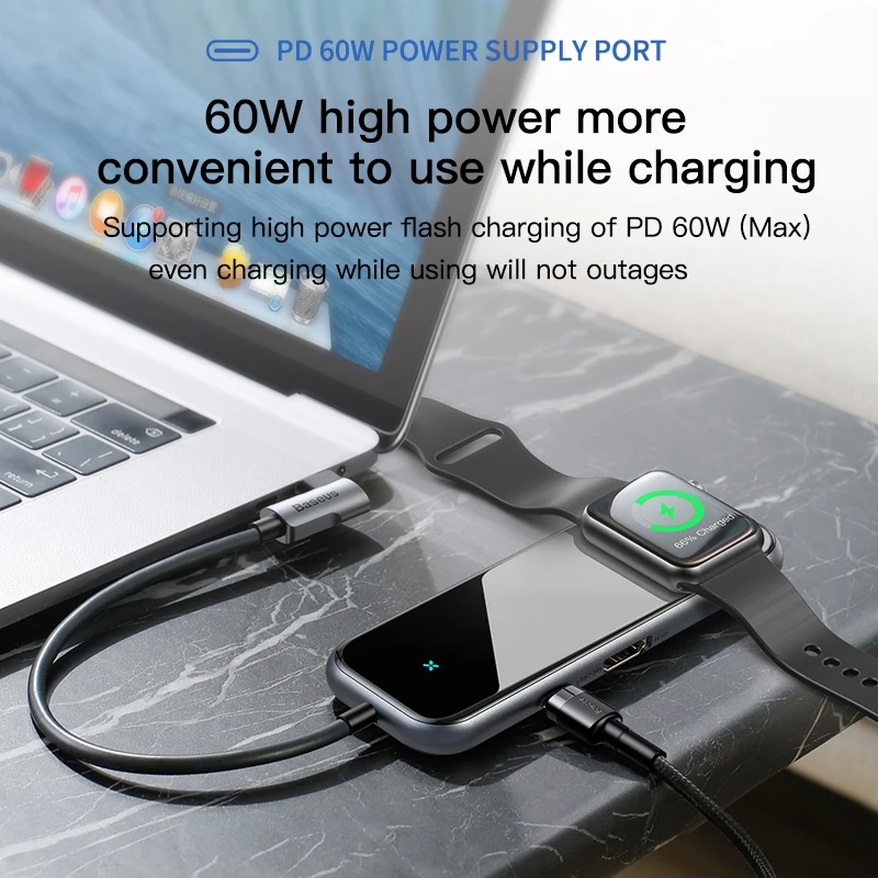 Baseus USB C концентратор к USB 3,0 HDMI RJ45 адаптер для MacBook Pro Air мульти Тип C концентратор с беспроводной зарядкой для iWatch USB-C концентратор