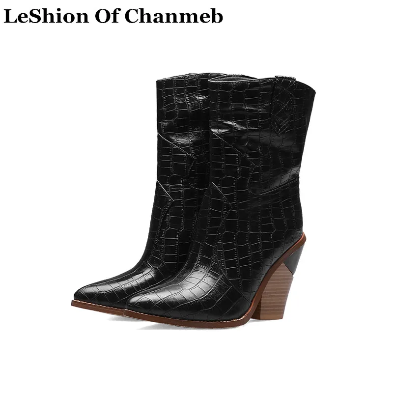 

fashion embossed microfiber leather women ankle boots pointed toe western cowboy boots women mid-calf chunky wedges boots runway