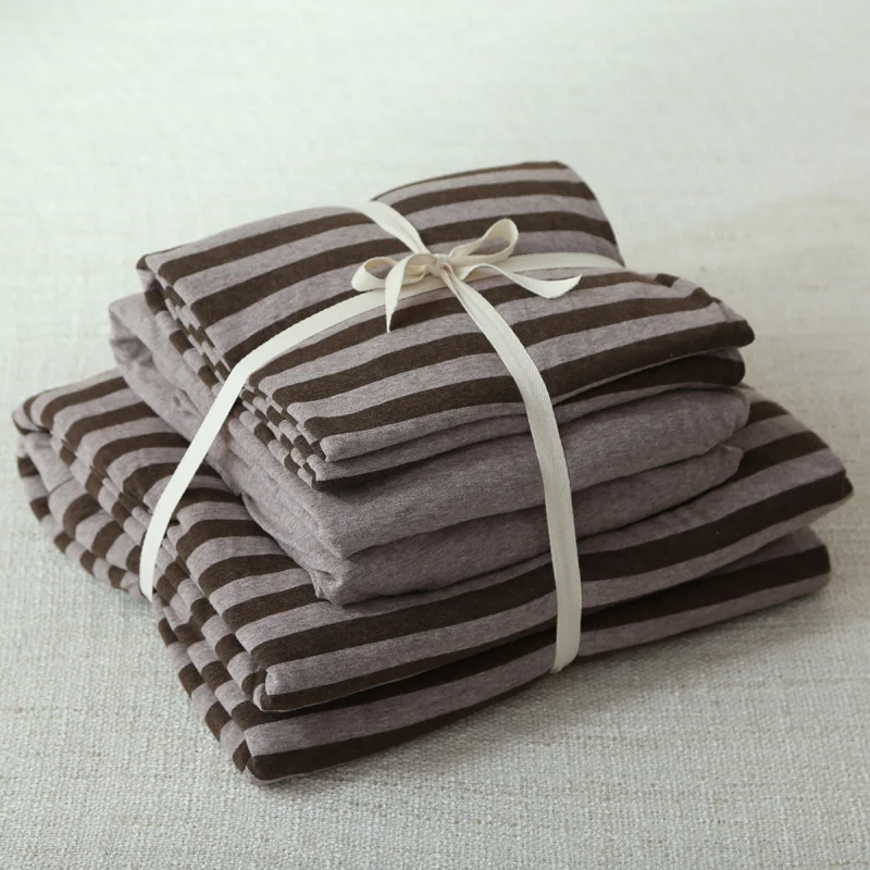 4pcs 100% Cotton Jersey Knitted fabric coffee color stripe bed set double 150 180cm solid fitted sheet | Дом и сад