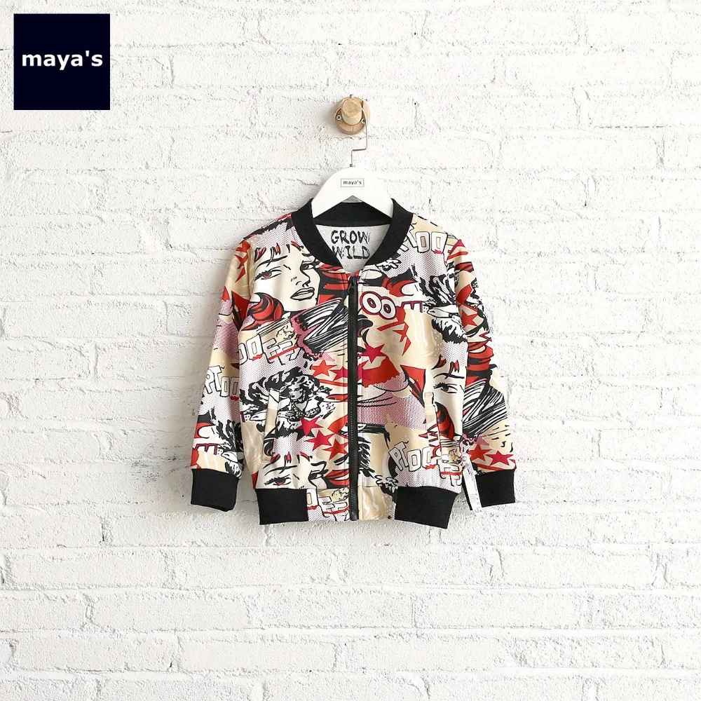 

Mayas Beige Full Sleeves Spring Basic Kids Coat Cartoon Graffiti Soft Breathable Jackets Toddler New Autumn Outerwear 74007