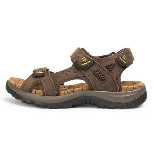 LINGGE/мужские сандалии из натуральной кожи; Летняя Пляжная Мужская обувь для отдыха; высококачественные кожаные сандалии; мужские сандалии; большие размеры 38-45 - Цвет: Dark Brown