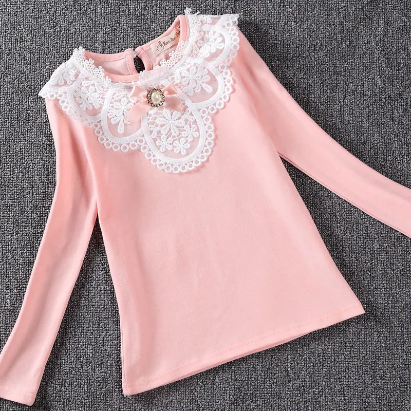 Spring Winter Girls White Blouses Shirts Fashion Autumn Warm Long Sleeve Lace Shirt Cotton Flower Student School Clothes