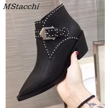 

MStacchi 2019 British Style Rivet Ankle Boots Woman Pointed Toe High Heel Boots Women Chelsea Decor Buckle Straps Botas Mujer