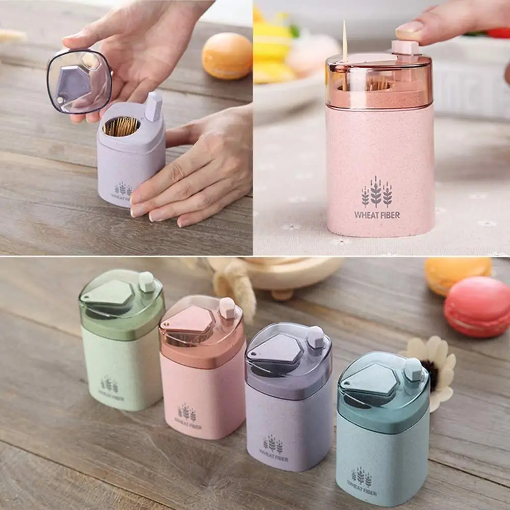 

Automatic Toothpick Holder Container Wheat Straw Hand Press Toothpick Storage Box Jar Pressing Type Table Toothpick Dispenser