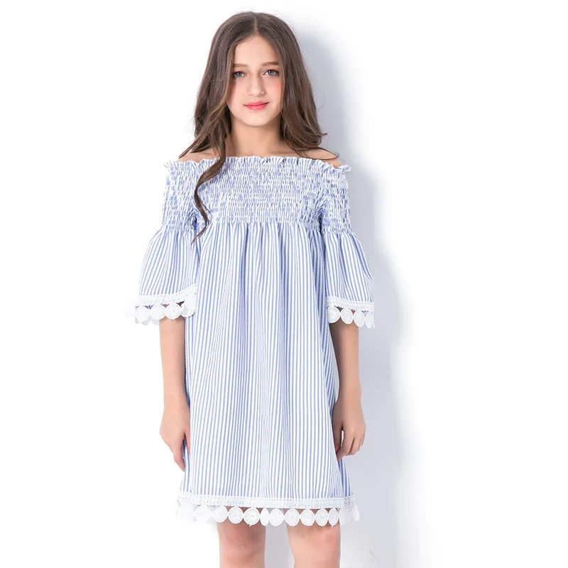 Teen Girls Blue Striped Ruffle Off Shoulder Dress with Lace Trim Summer 2018 New Big Girl Summer Clothes Size 6 8 10 12 14 Years