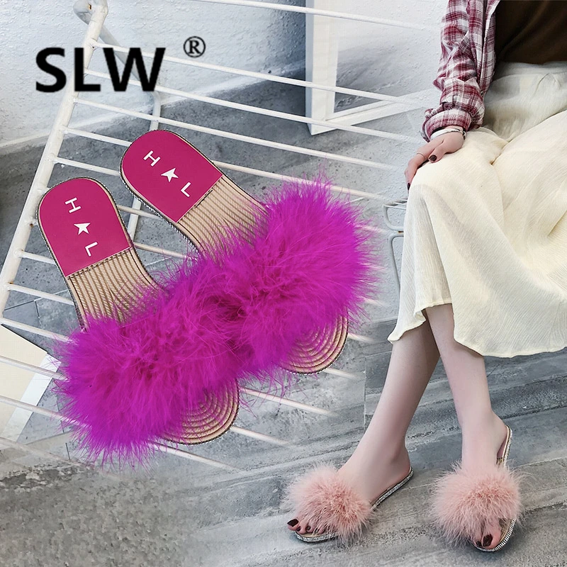 

fur allmatch slipper outdoor Crystal Slides funny women summer Flat furry slides outside rhinestone fuzzy woman Slides allmatch