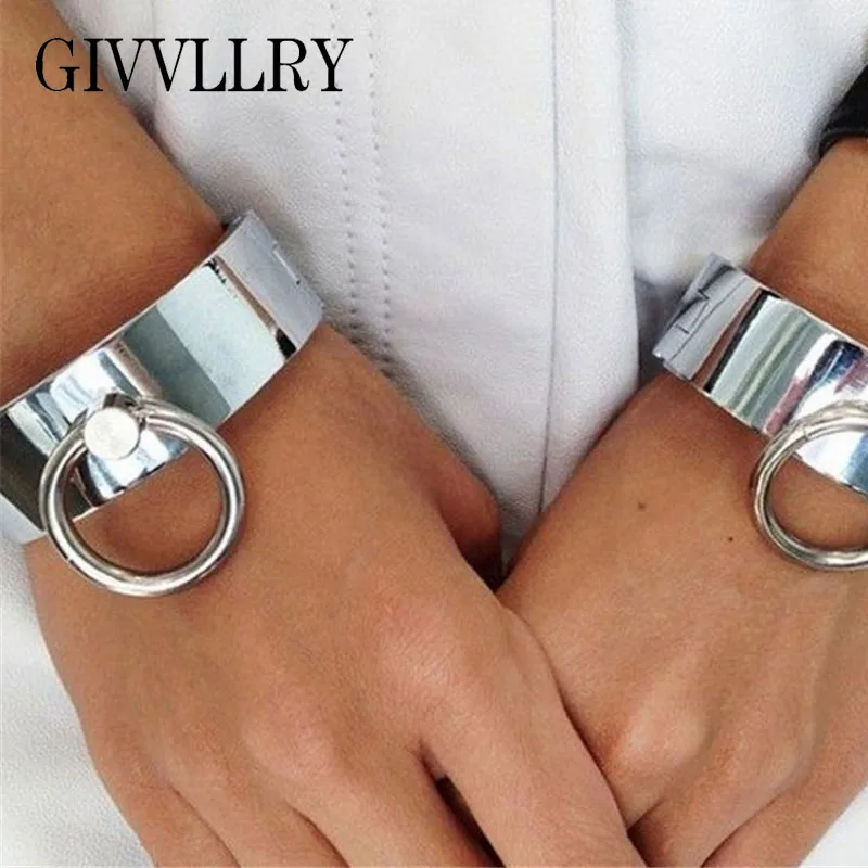 

GIVVLLRY Punk Chunky Open Bangle Fashion Jewelry Metal Style Minimalist Silver Color Circle Pendant Cuff Bracelets for Women