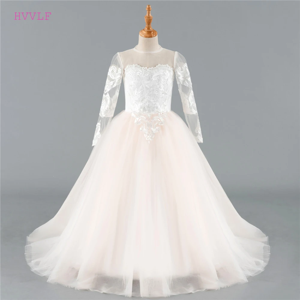 

Beige 2019 Flower Girl Dresses For Weddings Ball Gown Long Sleeves Tulle Lace First Communion Dresses For Little Girls