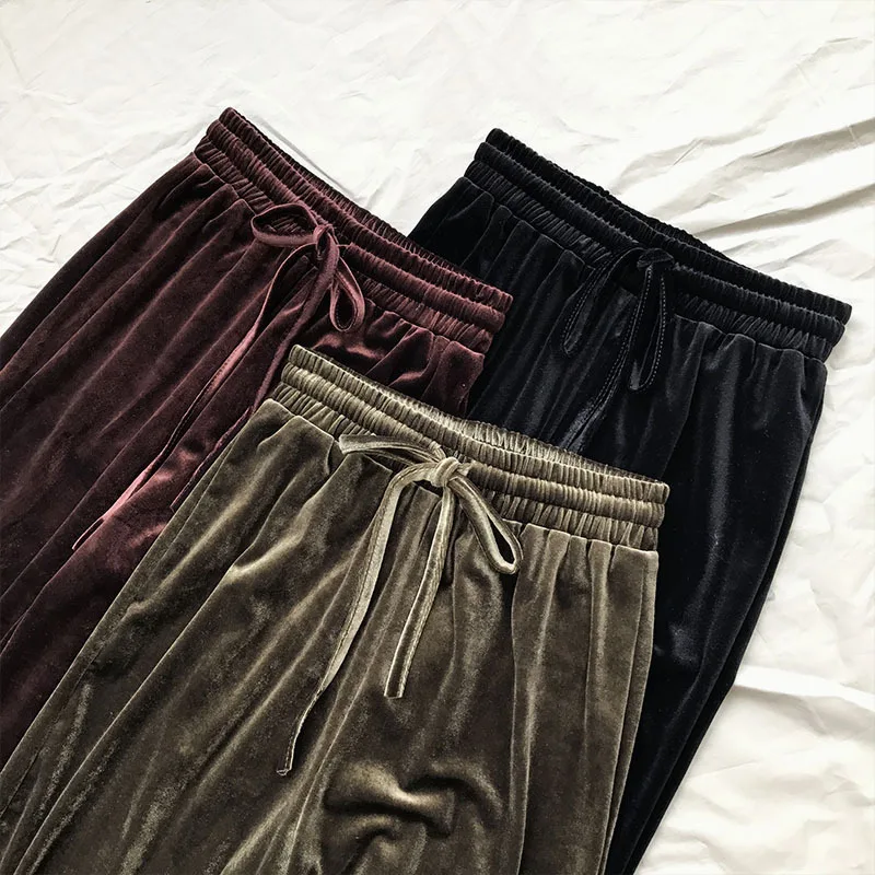 

Vintage Velvet Women Wide Leg Pants 2019 Autumn Winter Elastic High Waist Wide leg Pants Casual Solid Soft Loose Trousers Femme