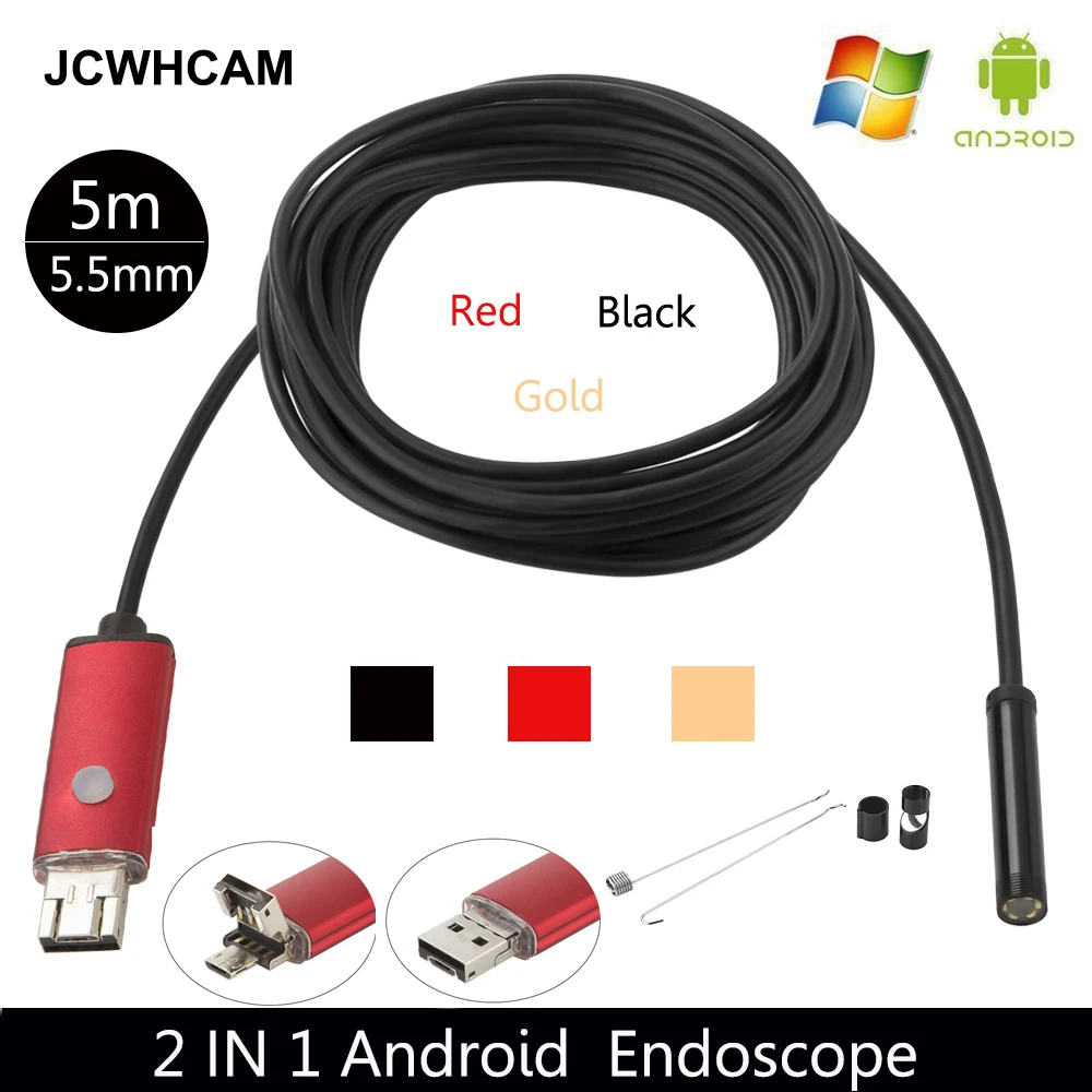 JCWHCAM 5,5 мм Android USB эндоскопа Камера 5 м гибкий Змея пробки инспекции смартфон Android телефон USB бороскоп Камера