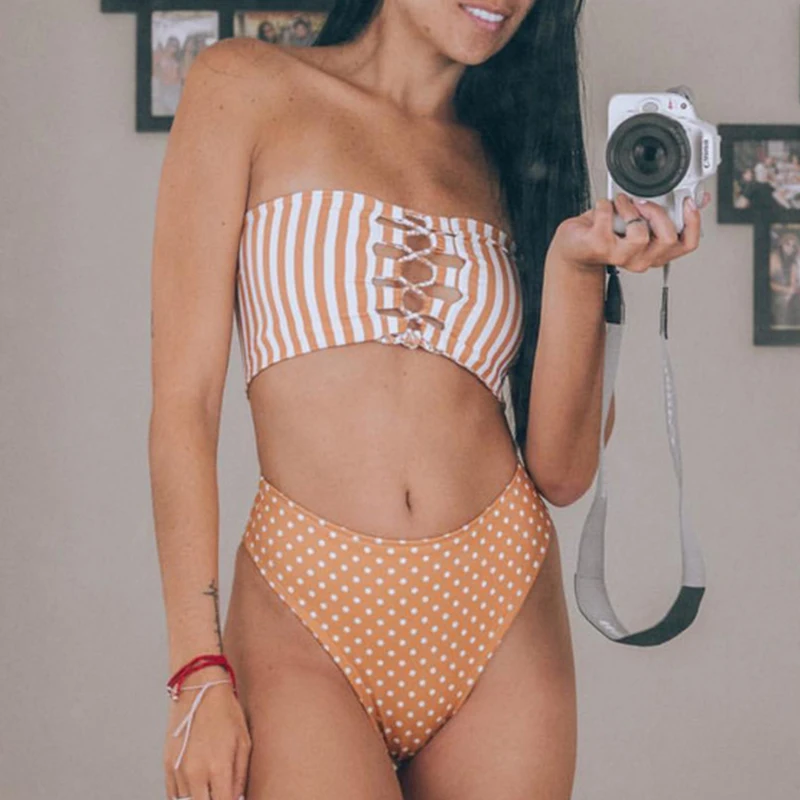 

Peachtan High waist striped bikinis 2019 mujer bathing suit Dot high cut swimwear women Push up female swimsuit separate biquini