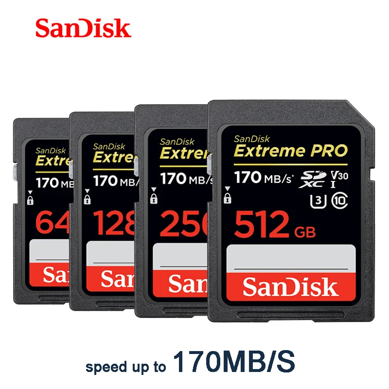 Двойной флеш-накопитель SanDisk SD Card Extreme Pro 170 МБ/с. SDHC/SDXC карты памяти 32 Гб 64 Гб 128 ГБ 256 C10 U3 V30 UHS-I в формате 4K UHD, Камера карты