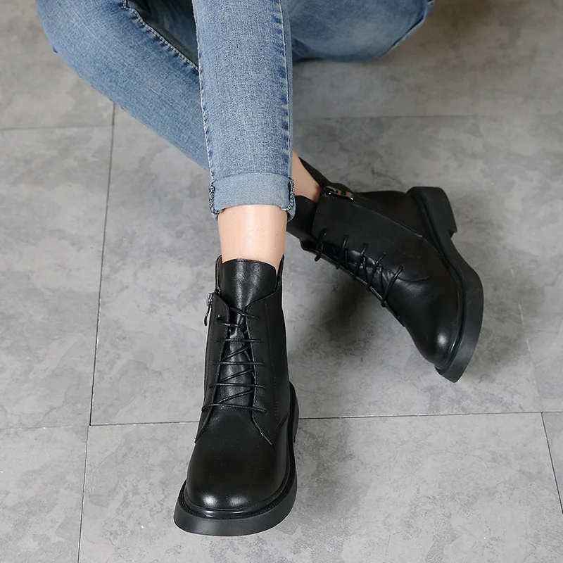 SexeMara/однотонные черные женские ботильоны в стиле ретро; винтажные теплые женские ботинки из натуральной кожи; сезон осень-зима; женская обувь на плоской подошве со шнуровкой