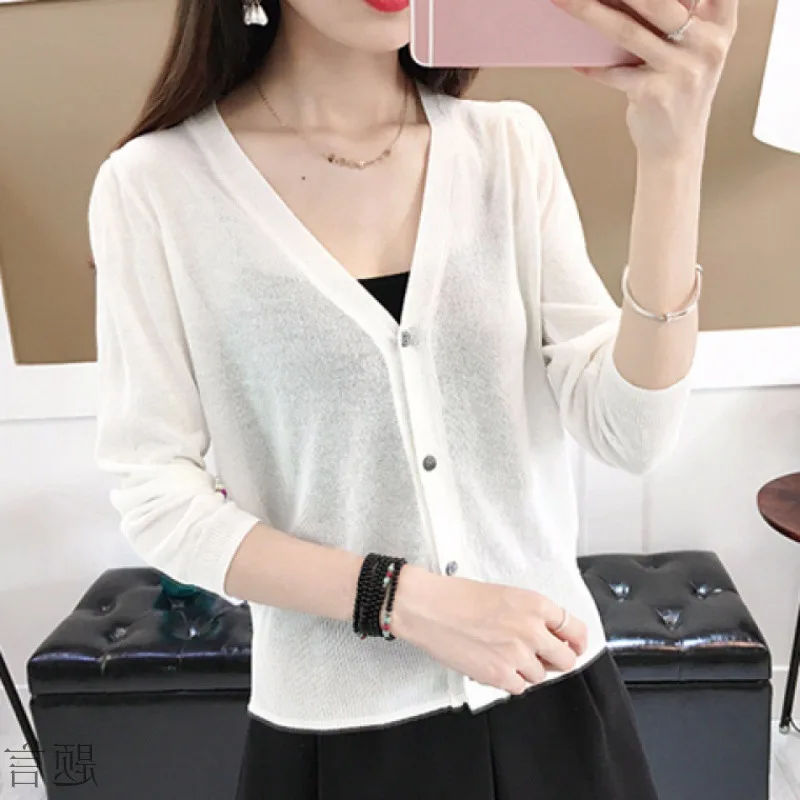 

Women Long Sleeve V-Neck Thin Coat Summer Sun Protection Fashion Button Knitted Cardigan Coat Solid Color Korean Casual Tops