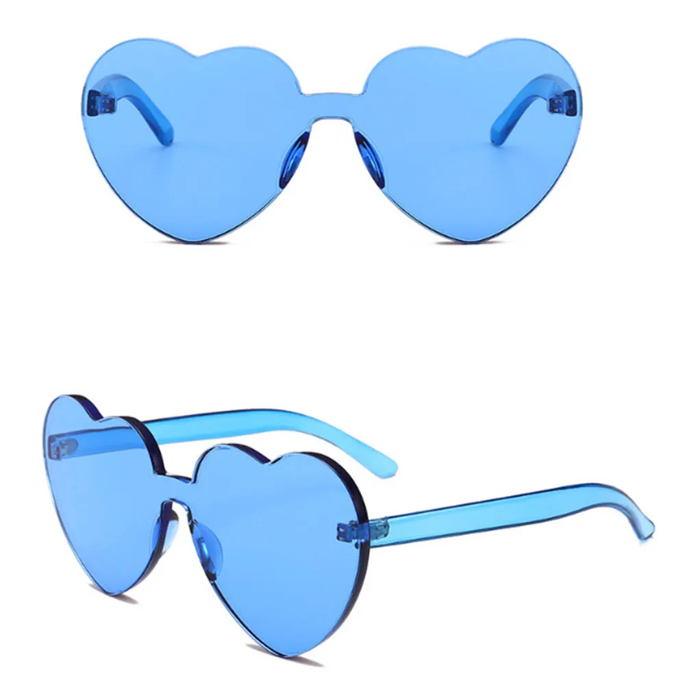 Женские солнцезащитные очки в форме сердца без оправы, цветные солнцезащитные очки с прозрачными линзами красного, розового и желтого цветов, аксессуары для путешествий - Цвет линз: Синий