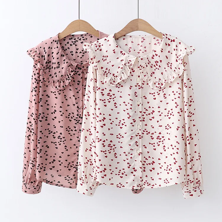 

blusas mujer de moda 2019 mori girls autumn South Korea sweet long sleeve peter pan collar love heart print blouse shirt