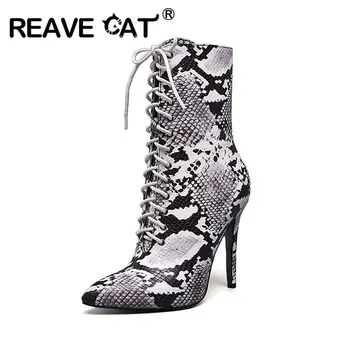 

REAVE CAT Women short Zipper Boots Snake Print Ankle Boots Thin High heels Lace up Pointed toe female Chelsea Big size 10