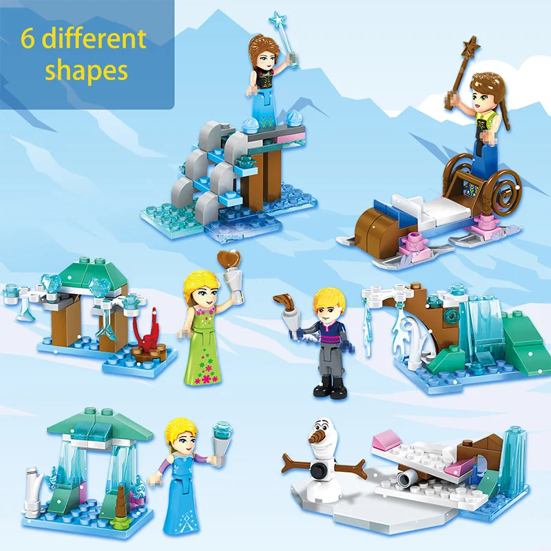 6 in 1 Fairy Tale Movie Princess Ice Castle Compatible Legoingly City Frozens Princess Figures Model Building Blocks Girl Toys