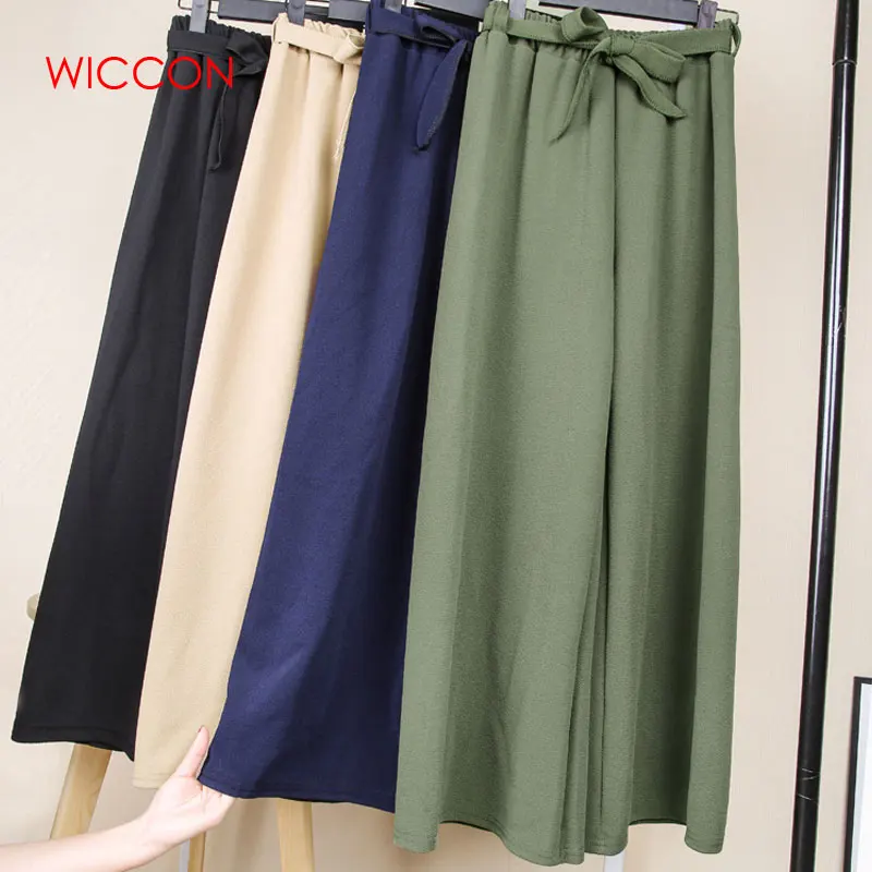 

2019 Women Chiffon Pants Spring Summer High Waist Wide Leg Pant Female Loose Holiday Solid Ankle-Length Pant Trouser With Belt