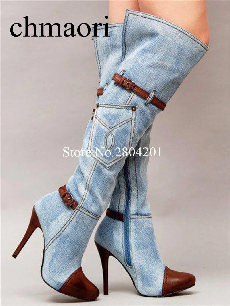 

woman Denim Spring/Autumn Over-the-Knee dress shoes pointed Toe thin heels patchwork fashion zip Rome Thigh High Boots