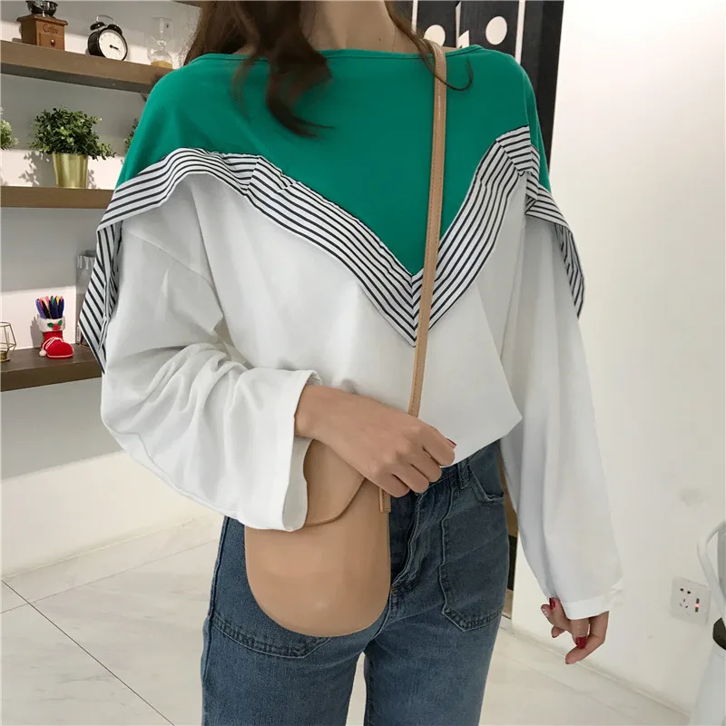 

Autumn New Stitching Striped Casual Women's T Shirts Color Matching Loose Long-sleeved T-shirts Plus Size Fashion Streetwear
