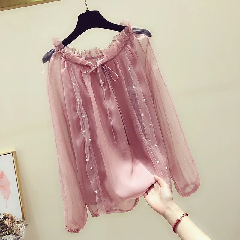 

2019 summer new pink women blouse and shirts loose elegant lady ruffles mesh lady shirts outwear coat tops